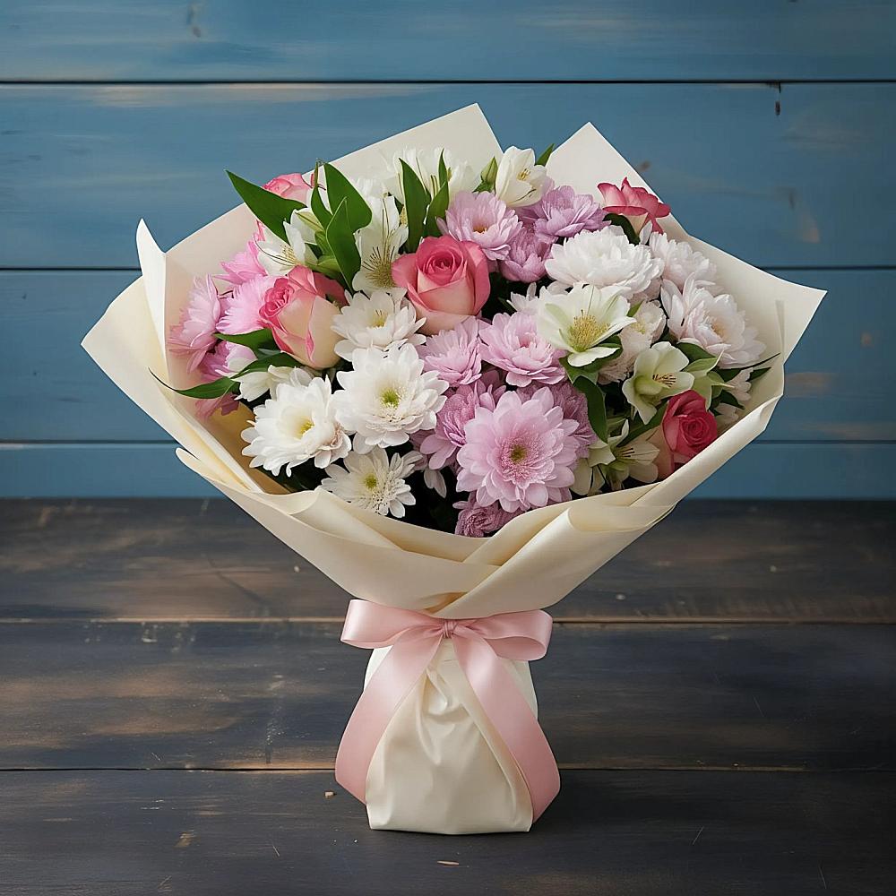 Букет цветов из: Хризантемы, Альстромерии и Розы в Микуни